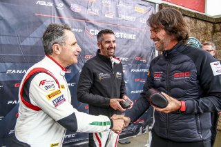 #61 Ferrari 488 GT3 of Jean-Claude Said and Conrad Grunewald, AF Corse, GT World Challenge America, Am, watch presentation, Greg Gill, Stephane Ratel, SRO America, Sonoma Raceway, Sonoma, CA, April  2022.
 | Brian Cleary/SRO