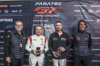 #61 Ferrari 488 GT3 of Jean-Claude Said and Conrad Grunewald, AF Corse, GT World Challenge America, Am, watch presentation, Greg Gill, Stephane Ratel, SRO America, Sonoma Raceway, Sonoma, CA, April  2022.
 | Brian Cleary/SRO