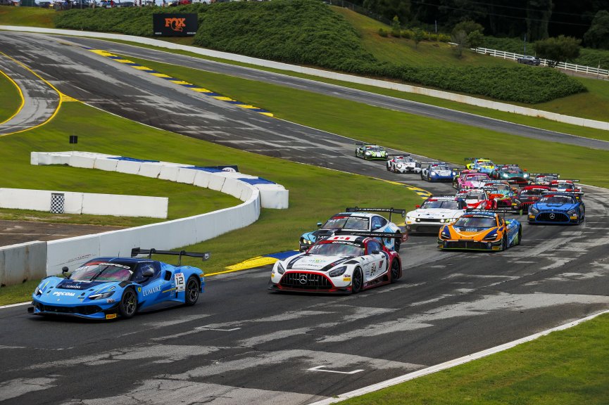 GT World Challenge America Race Start, #12 Ferrari 296 GT3 EVO of Matias Perez Companc and Frederik Schandorff, AF Corse USA, #34 Mercedes-AMG GT3 EVO of Michai Stephens and Mikael Grenier, JMF Motorsports, GT World Challenge America, Pro, SRO America, Ro