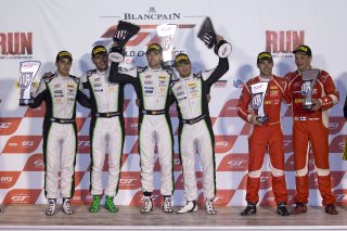 Podium, race 2, Blancpain GT World Challenge  America, Las Vegas, October 2019.
 | Brian Cleary/SRO
