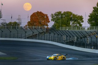 #32 Porsche 911 GT3-R (991.ii) of Kyle Washington, James Sofronas and Klaus Bachler, GMG Racingfull, moon, SRO America, Indianapolis Motor Speedway, Indianapolis, Indiana, Oct 2022.
 | Brian Cleary/SRO  