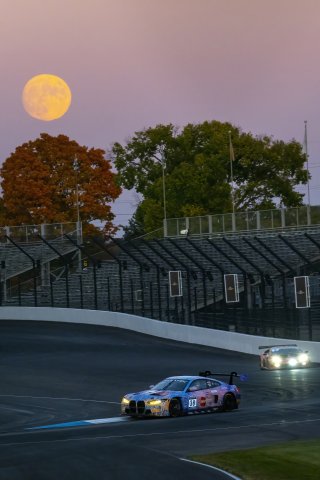 #38 BMW M4 GT3 of Samantha Tan, Nick Wittmer and Harry Gottsacker, ST Racing, Silver Cup, full, moon, SRO America, Indianapolis Motor Speedway, Indianapolis, Indiana, Oct 2022.
 | Brian Cleary/SRO  