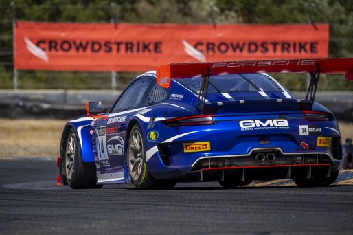 #14 Porsche 911 GT3 of James Sofronas and Jeroen Bleekemolen, GMG Racing, GT3 Pro-Am, SRO America, Sonoma Raceway, Sonoma CA, Aug 2020.
